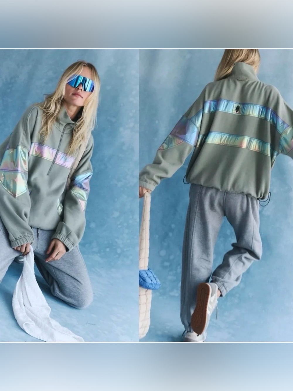 FP Movement Hit the Slopes Olive Iridescent Pullover XS Oversized